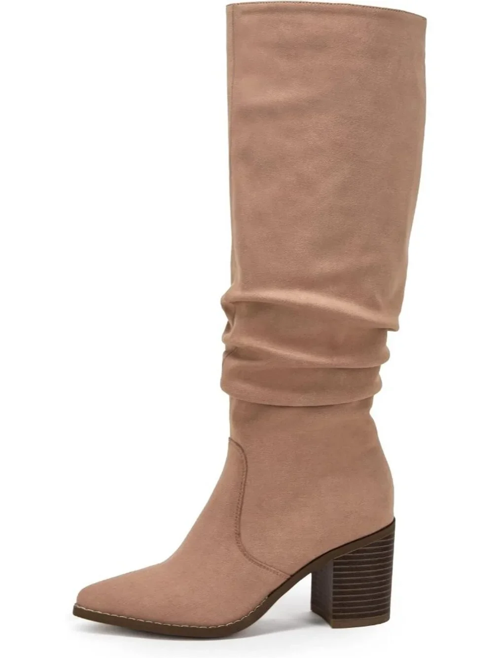 Women's Khaki Pointed Toe Mid Chunky Heel Side Zipper Over The Knee Boots